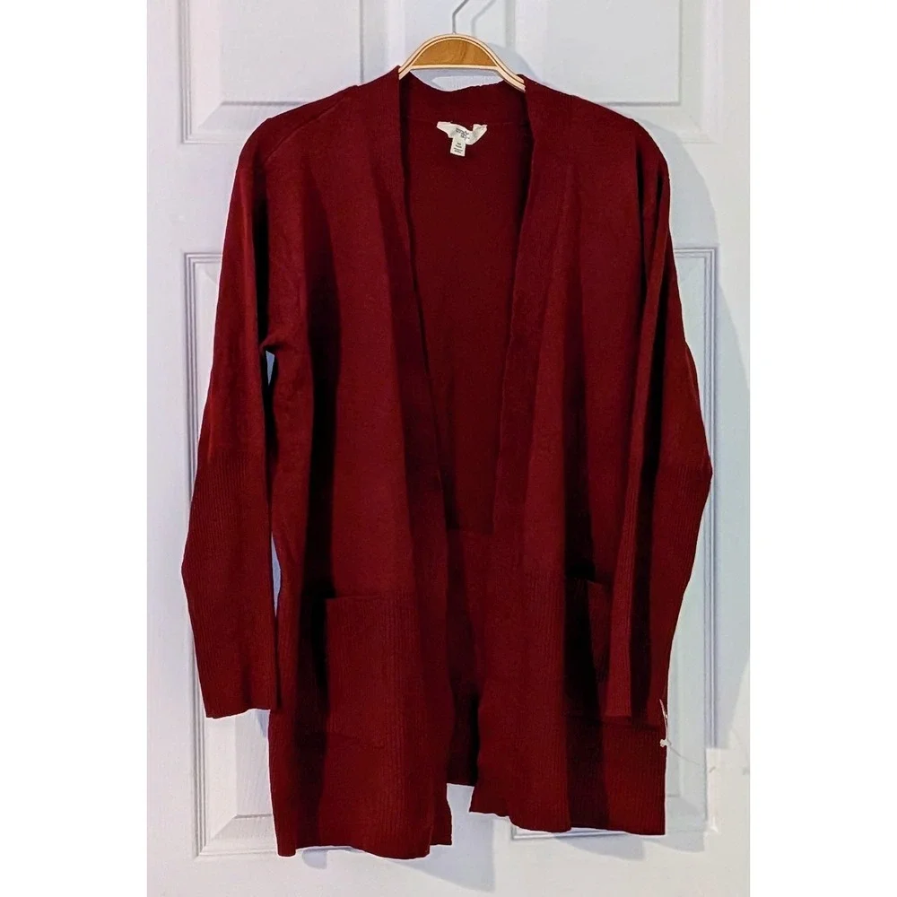 Terra & Sky Womens 0X 14 Red Open Front Cardigan Sweater Long Sleeve Pockets NWT